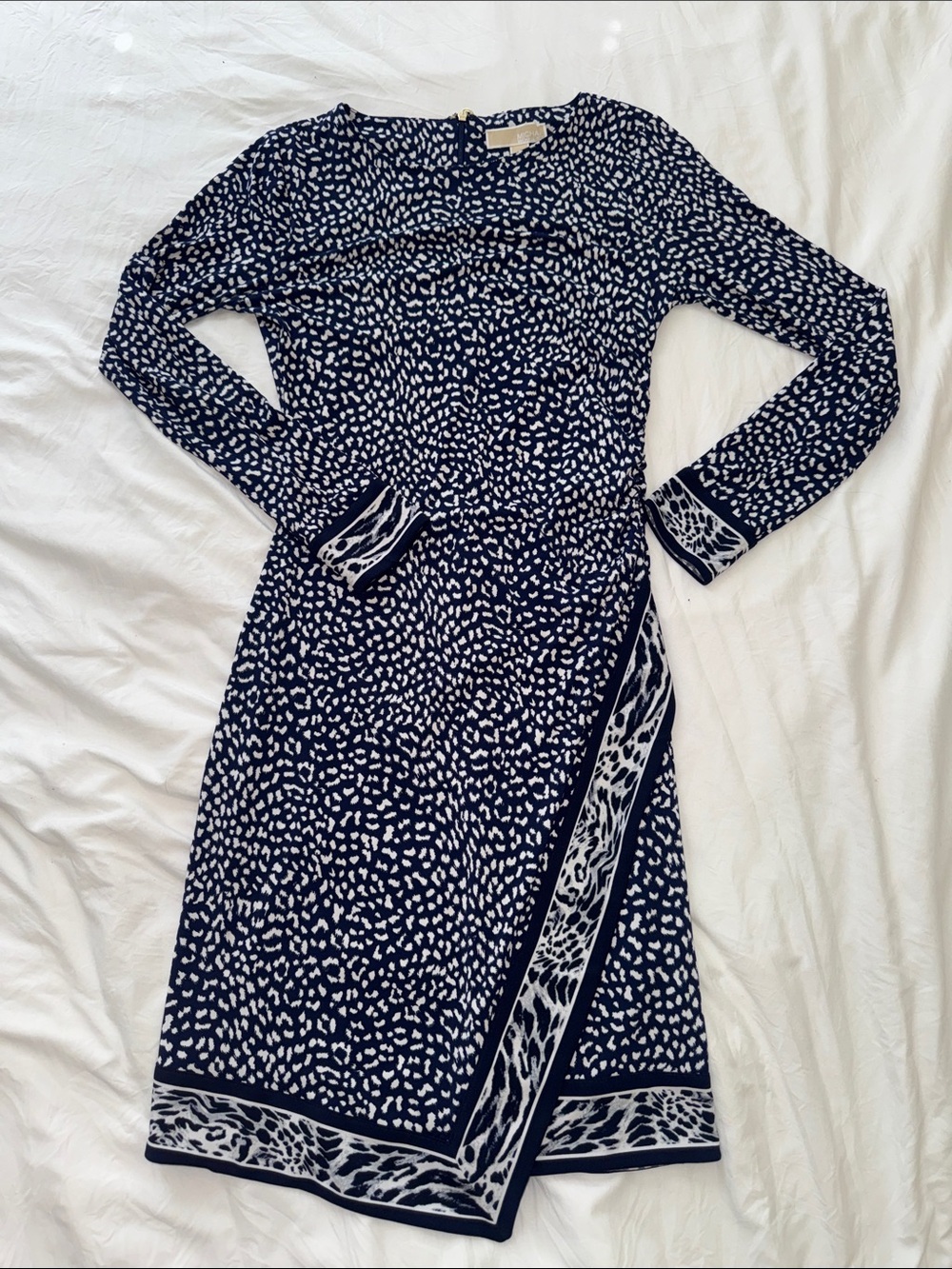 MICHAEL Michael Kors Navy and White Long Sleeve Printed Wrap-Style Dress